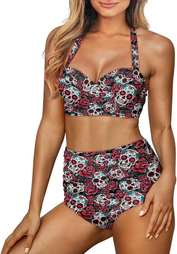 2 Pcs Bikini for Women Sexy Summer Swimsuit Tummy Control High Waisted Bathing Suit - skull swimsuit