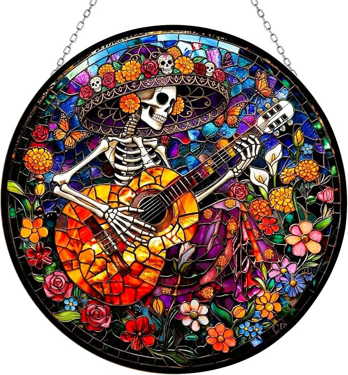 Mexican Skull Playing Guitar Stained Glass Suncatcher Window Hangings, Mexican Decor, Sugar Skull Gifts for Women - sugar skull ornament