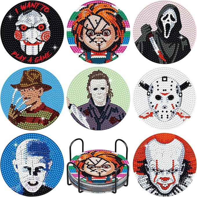 Halloween Diamond Art Coasters, 8 Pcs Diamond Painting Kit Diamond Art Kits for Adults Beginners, Halloween Arts and Crafts Gem Art Dimond Art paintings, Non Slip Coasters for Home Office Decor Gift - skull coaster