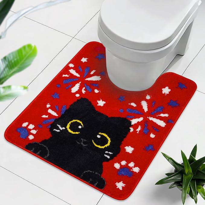 Black Cat U-Shaped Toilet Rug,24″x20″ Fireworks Bathroom Contour Mat