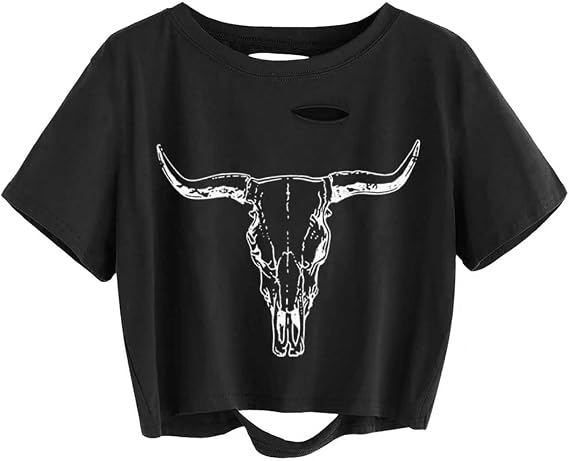 Butovek Womens Country Music Graphic Crop Tops,Sexy Distressed Ripped Short Sleeve Casual Tee Shirts - skull tshirt