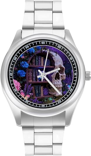 Skull Bookshelf Floral Butterfly Watchs Minimalist Stainless Steel Band Watch for Men Women, Business Casual Wristwatch Lightweight Waterproof Simple Design Watch for Daily Work Business - skull watch