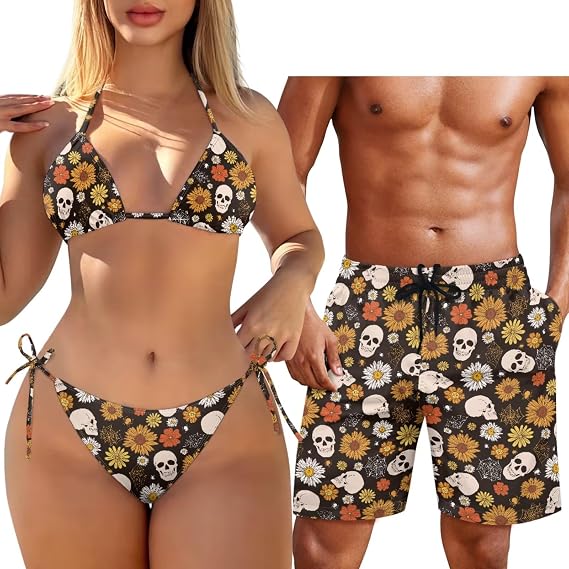 Matching Hawaiian Outfit for Couples Women Halter Bikini 2 Piece Triangle SwimsuitMen's Casual Shorts with Pocket - skull swimsuit