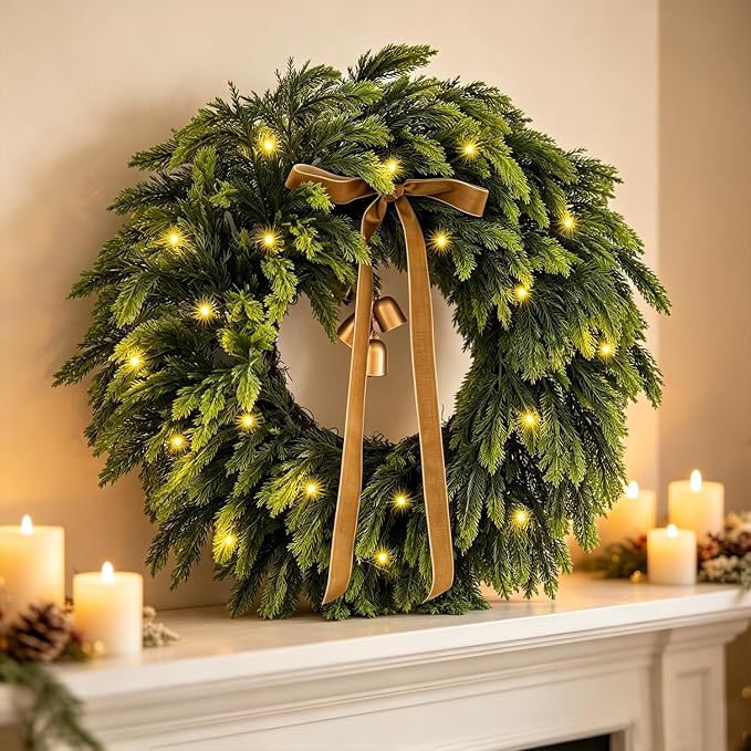 WANNA-CUL 22 Inch Real Touch Cedar Lighted Christmas Wreath for Front Door - skull wreath