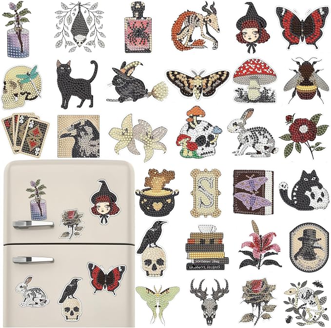 30 Pcs Gothic Diamond Painting Magnets Kits Diamond Art Fridge Magnet Refrigerator Sticker Diamond Painting kit for Beginners Adults DIY Art Craft Gifts Home Decors - skull sticker