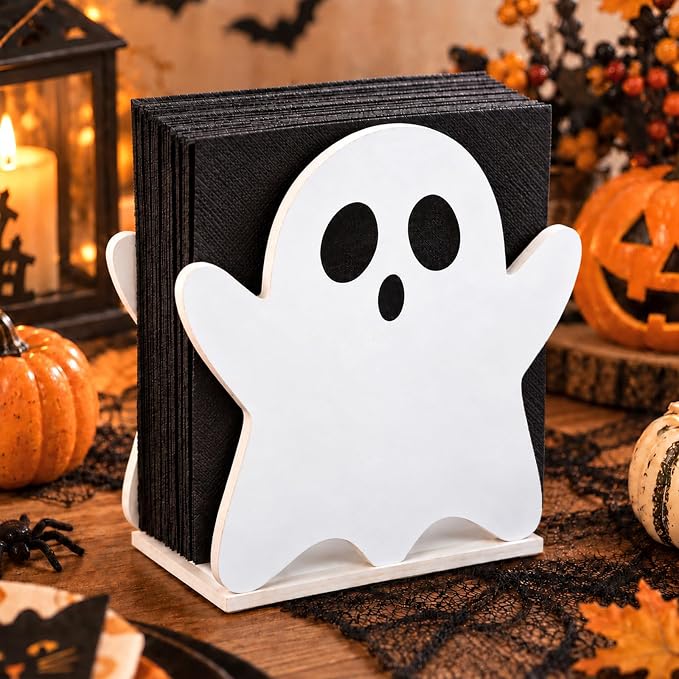 Whaline Halloween Napkin Holder White Spooky Ghost Wooden Tissue Dispenser for Halloween Party Office Hotel Restaurant Home Bathroom Kitchen Dining Table Decor - skull toilet paper