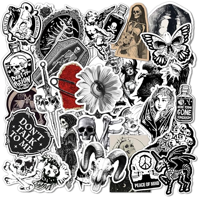 60 Pcs Gothic Stickers - Waterproof Black & White Aesthetic Goth Pack - skull sticker
