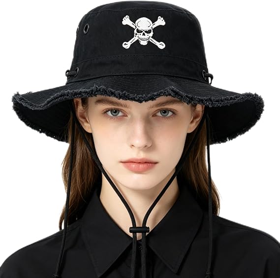 Women's Bucket Hat Sun Protection, Adjustable Chin Strap Foldable Wide Brim Sun Hat for Beach Hiking Camping Fishing - skull suitcase