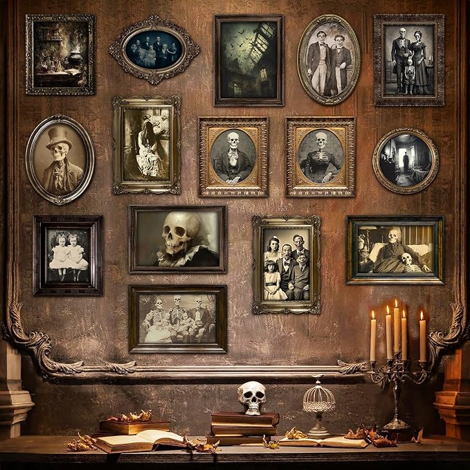 Benjia 15 Halloween Gothic Creepy Skull Photos Haunted Horror Picture Frame, Waterproof Durable, with 80pcs Self Adhesive Dots Creepy Photo Decoration for Haunted Family Castle Masquerade Party