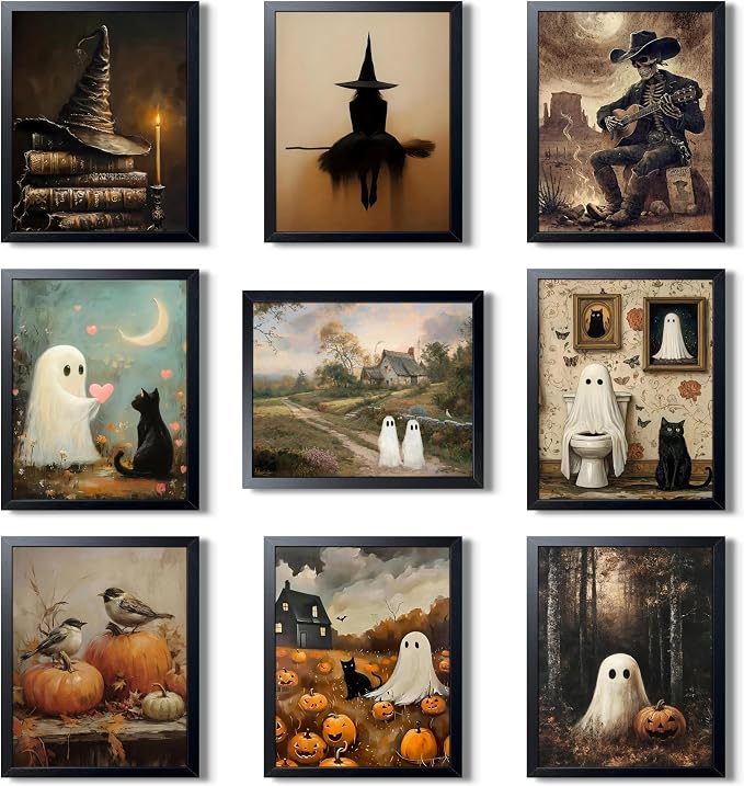 XYHYRA Halloween Wall Art Canvas Prints Set of 9, Dark Academia Wall Decor Painting, Ghost Cat Printed Poster, Gothic Spooky Aesthetic Picture for Gallery Living Room Bedroom Decor 8x10 inch Unframed - skull wall art