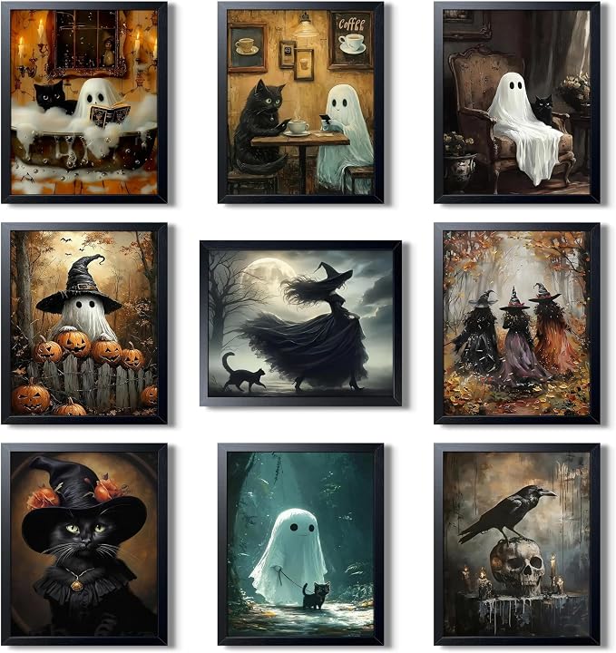 XYHYRA Halloween Wall Art Canvas Prints Set of 9, Dark Academia Wall Decor Painting, Ghost Cat Printed Poster, Gothic Spooky Aesthetic Picture for Gallery Living Room Bedroom Decor 8×10 inch Unframed