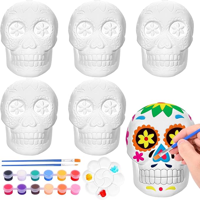 6 Pcs Day of The Dead DIY Ceramic Sugar Skull Crafts Paint Your Skull Statues Blank Paintable Skull Ornaments for Dia De Los Muertos Altar Ofrenda Decoration Supply - sugar skull ornament