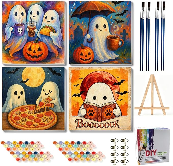 Canrichshop 4 Packs Halloween Ghost Framed Paint by Numbers Kit for Adults with Wooden Easel & Color Box,Ghost DIY Painting by Number on Canvas Gift,Easy Oil Acrylic Paint Prezzie 8x8inch - skull painting