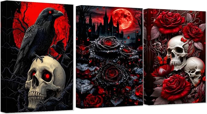 Clendo 3 Pack Halloween Diamond Art Kits - DIY 5D Crow Skull Diamond Painting Kits for Beginners, DIY Full Drill Horror Diamonds Painting Kit Pictures with Diamonds Gem Art Home Wall Decor 12'' x16'' - skull painting