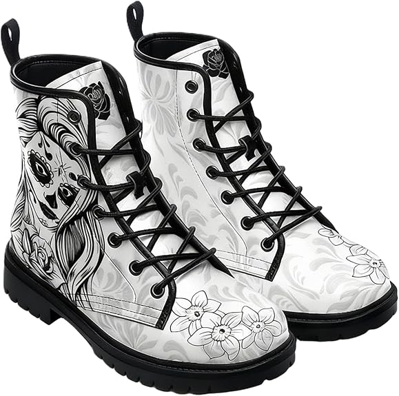 Women's Gothic Skull Printed Combat Boots with Floral Skeleton Chunky Heel Round Toe Ankle Booties Short Lace Up Platform Shoes for Halloween Costume Music Festival Punk Rock Party - sugar skull boots
