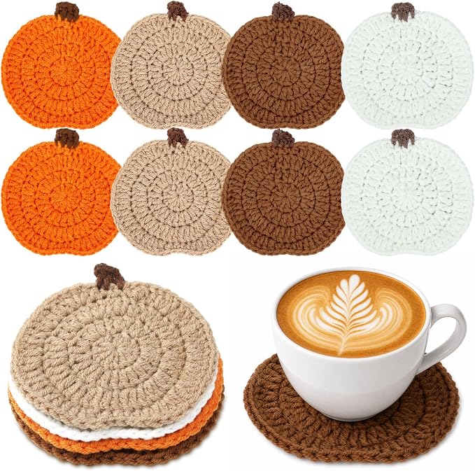 UPINS 8Pcs Pumpkin Crochet Coasters,Fall Themed Drink Coasters Set - skull coaster
