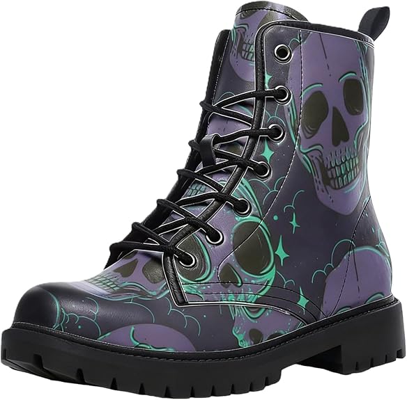 Women's Gothic Skull Printed Combat Boots with Floral Skeleton Chunky Heel Round Toe Ankle Booties Short Lace Up Platform Shoes for Halloween Costume Music Festival Punk Rock Party - sugar skull costume