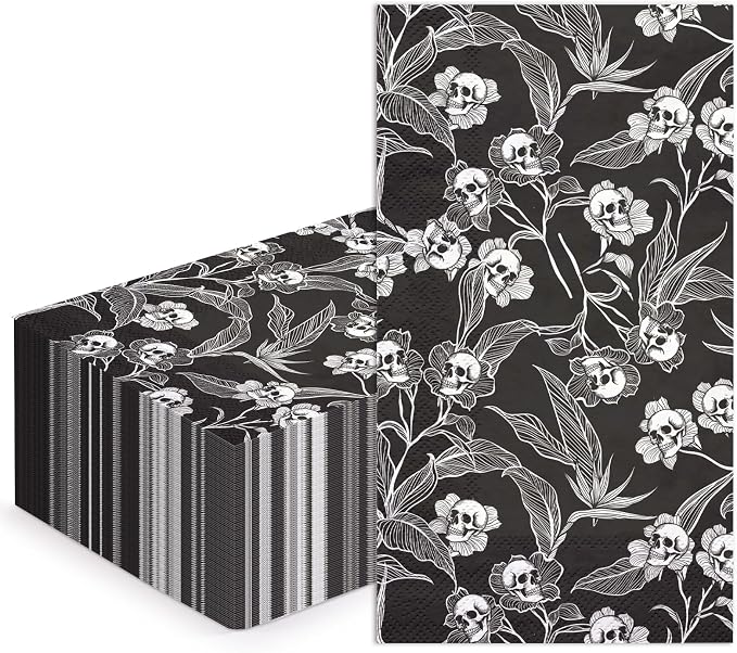 WRAPAHOLIC 50Pcs Gothic Halloween Paper Napkins - 3-Ply Black and White Gothic Floral Skull Guest Disposable Hand Towels for Bathroom, Halloween, Wedding, Birthday - 4.3 x 7.9 In - skull toilet paper