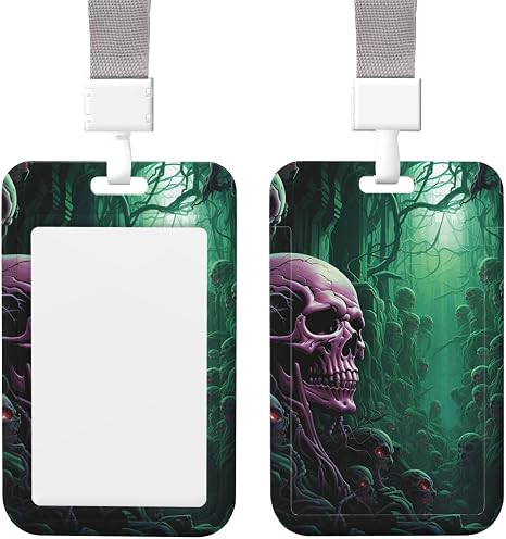 ID Badge Holder Vertical Plastic Card Case Protector Skull Under Green Light Badge Holder with Lanyard ID Card Holder Waterproof Name Tag Holder Badge Reel Work Badge Sleeve for Office Staff Employees