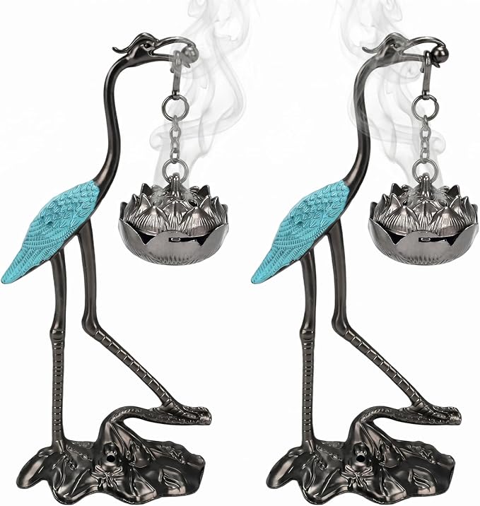 2pcs Crane Incense Holder, Vintage Hanging Incense Burner with Lid Ash Catcher for Cone & Coil Incense – Aromatherapy Ornament for Home Office Decor (Copper+Blue) - skull incense burner