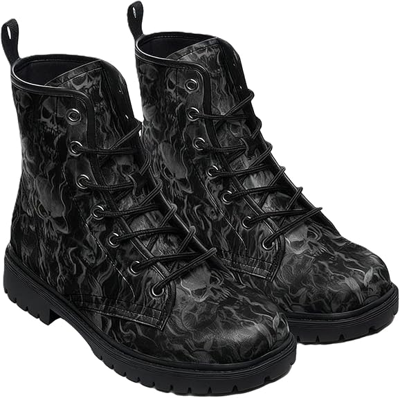 Women’s Gothic Skull Printed Combat Boots with Floral Skeleton Chunky Heel Round Toe Ankle Booties Short Lace Up Platform Shoes for Halloween Costume Music Festival Punk Rock Party