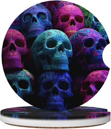 Car Cup Holder 2 Pack Ceramic Car Coaster with A Finger Notch Ceramic Coaster Colorful Sugar Skulls Cup Holder Non-Slip Cups Holder Coasters for Most Vehicle - skull coaster