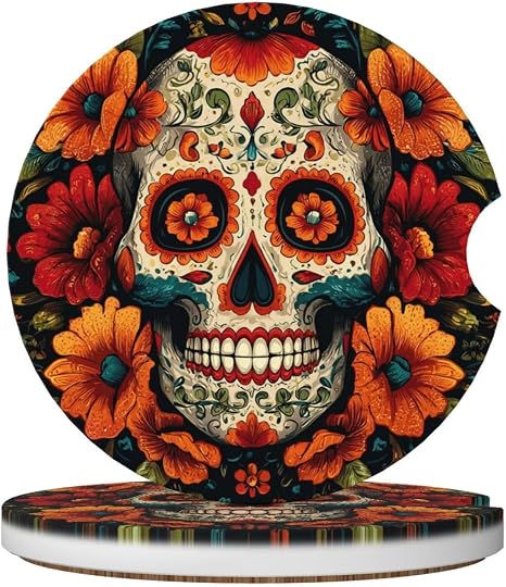 Car Cup Holder 2 Pack Ceramic Car Coaster with A Finger Notch Ceramic Coaster Colorful Sugar Skull Cup Holder Non-Slip Cups Holder Coasters for Most Vehicle - skull coaster
