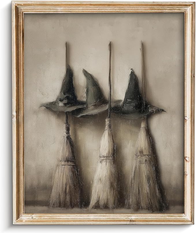 Vodefoad Vintage Witch Hats and Brooms Print, Spooky Gothic Halloween Decor, Halloween Home Decor Wall Art, Retro Moody Halloween Wall Art for Gallery, Living Room, Bathroom, Bedroom,Holiday Gift - 8x10Inch Unframe - skull wall art