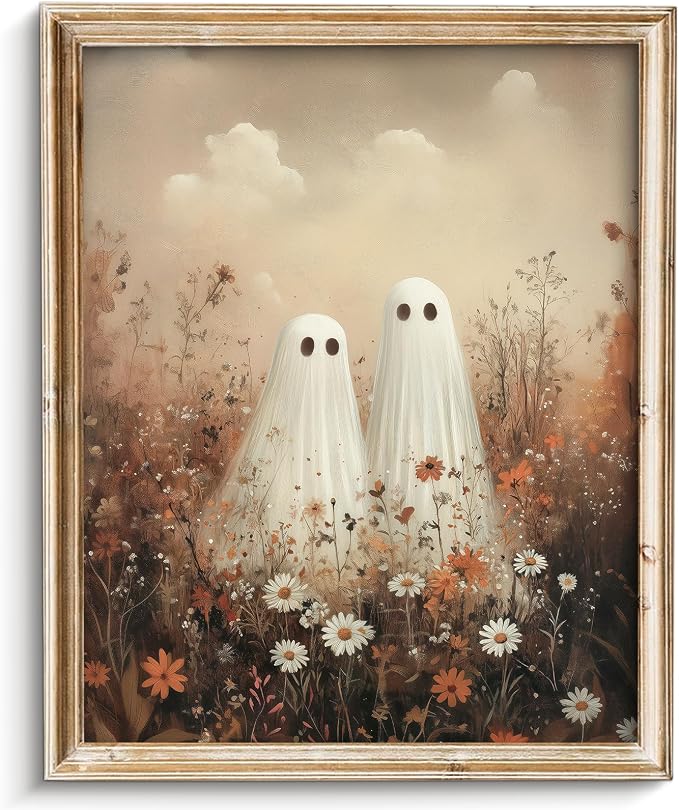 Vodefoad Vintage Cute Ghosts in Wildflower Meadow Print-Moody Autumn Decor, Cute Halloween Fall Painting, Victorian Ghost Posters Pictures for Living Room, Bedroom, Bathroom, Halloween Room decor - 8x10 Inch Unframed - skull painting