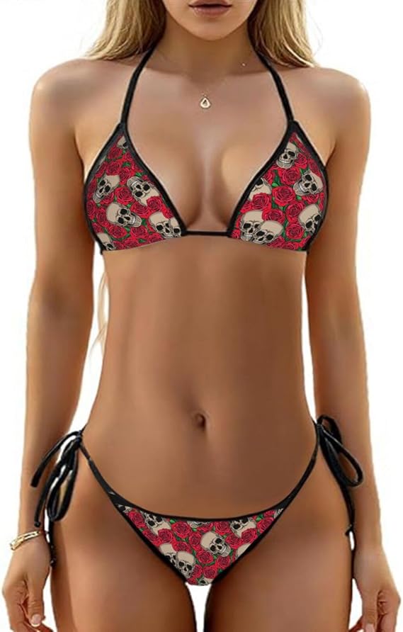 Bikini Set for Women Two Piece Sexy Swimsuit Tie Back Halter String Triangle Cheeky Bathing Suit - skull swimsuit