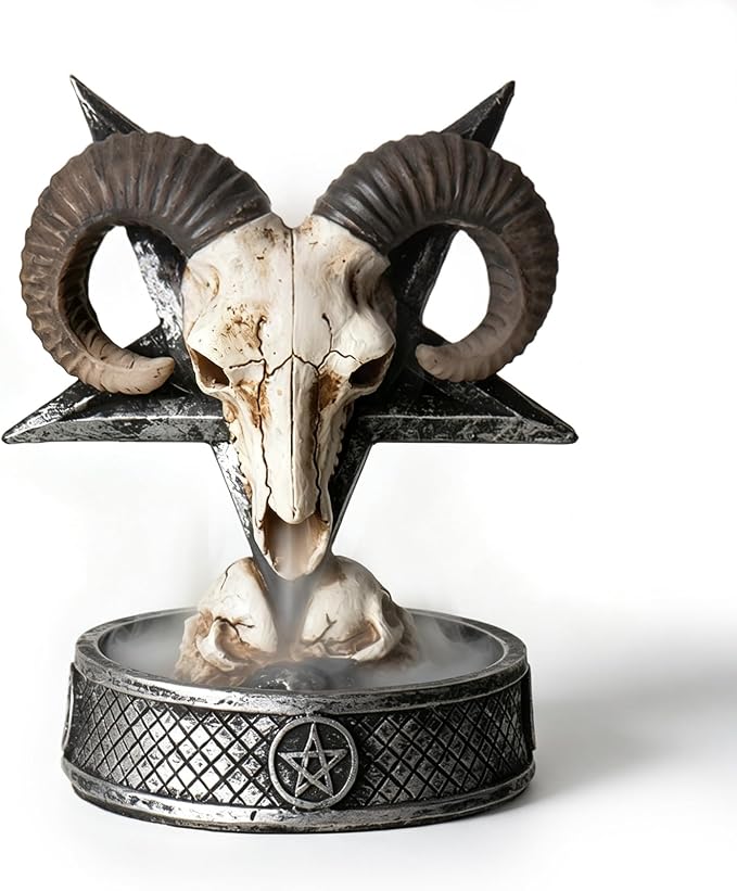 Skull Ram Backflow Incense Burner – Smoke Waterfall Incense Cone Holder for Aromatherapy, Gothic Wiccan Altar Decor, Meditation Room, Gothic Skull Lover Gift, 4.5 Inch High - skull incense burner
