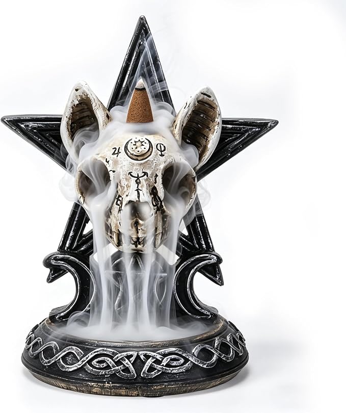 Cat Skull Backflow Incense Burner – Occult Mystic Ouija Incense Cone Holder with Triple Moon Pentagram for Wiccan Altar Gothic Witch Decor, Witch Wicca Gift, 6.25 Inch High