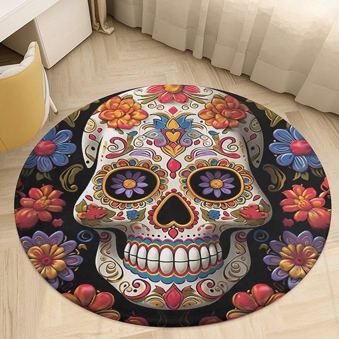 Round Area Rug 3' Thin 0.2" Low Pile Sugar Skulls Carpet for High Traffic Areas Washable Coral Velvet Welcome Door Mat Non-Slip Grip Floor Mats for Bedroom Living Room Entryway Dorm - skull carpet