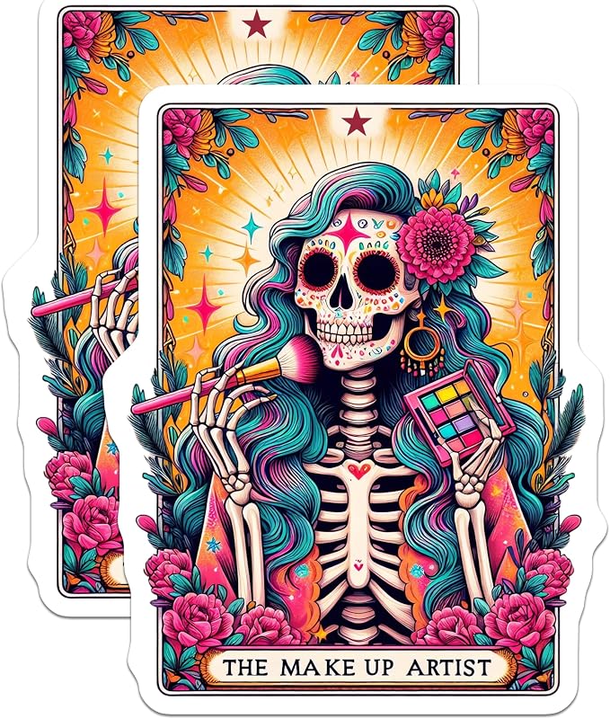 (2 Pack) Makeup Artist Sugar Skull Stickers - Dia de Los Muertos MUA Decal - Spooky Cute Beauty Lover Decor - 5" On Longest Side - Sticks to Smooth Flat Surfaces - Made in USA - BMCS32074 - sugar skull makeup