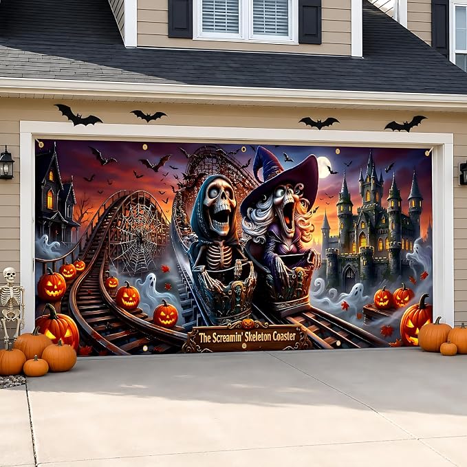 Halloween Garage Door Banner Cover, Horror Roller Coaster Decor 6x13FT - skull coaster
