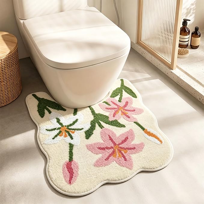 Flower U Shaped Toilet Rug, Lily Floral Microfiber Toilet Rugs 22×20 Inch