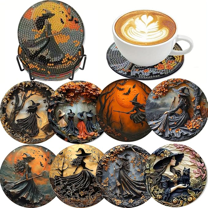 LWZAYS 8 Pcs Halloween Diamond Art Coasters Kit - DIY 5D Small Diamond Painting Coasters with Holder, Diamond Art Kits for Adults Coasters, Arts and Crafts for Adults - skull coaster