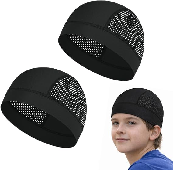 Kids Skull Cap 2 Pack for Boys & Girls, Breathable Mesh Helmet Liner, Lightweight Moisture Wicking Skull Cap for Cycling, Skateboarding, Skiing and Sports, Black - skull helmet