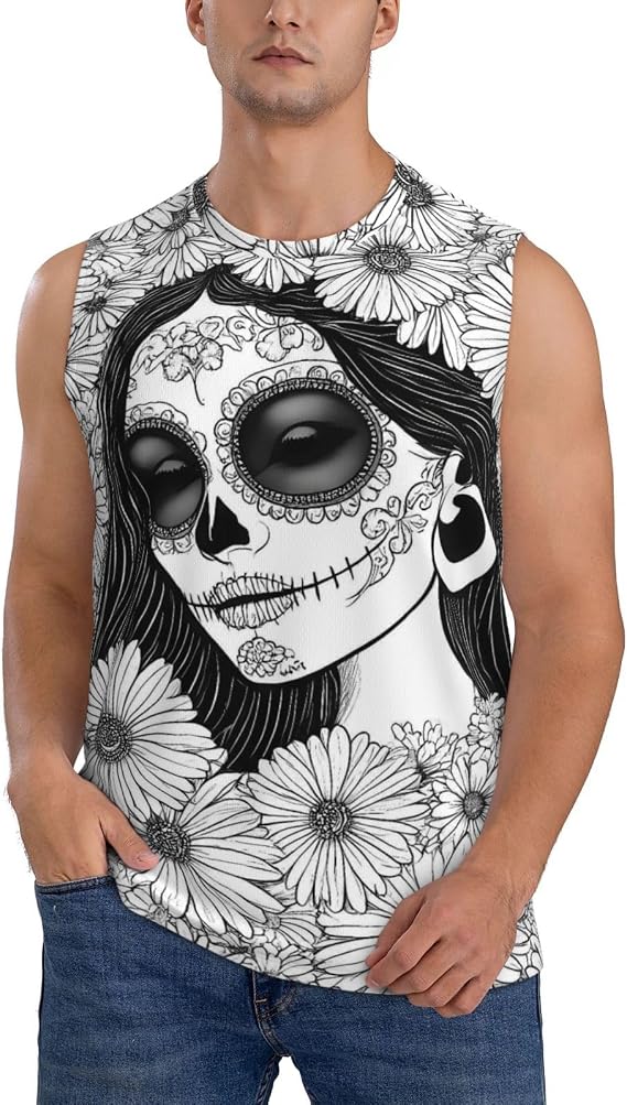 Floral Sugar Skull Portrait Print Men's Sleeveless T-Shirt Moisture Wicking Quick Dry Sports Tank Tops - skull tank tops
