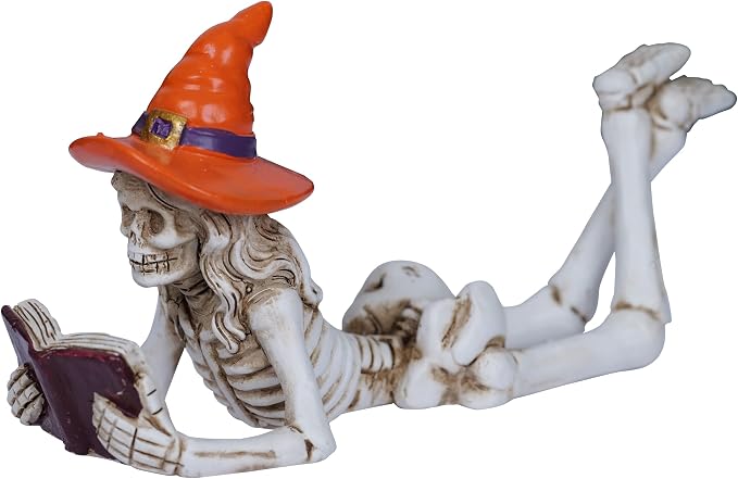 Dlfghos Halloween Skeleton Statue Halloween Skull Figurine Home Decor Reading Skeleton Figurines Decorations for Indoor Fireplace Home Kitchen Desk Office Party - skull figurine