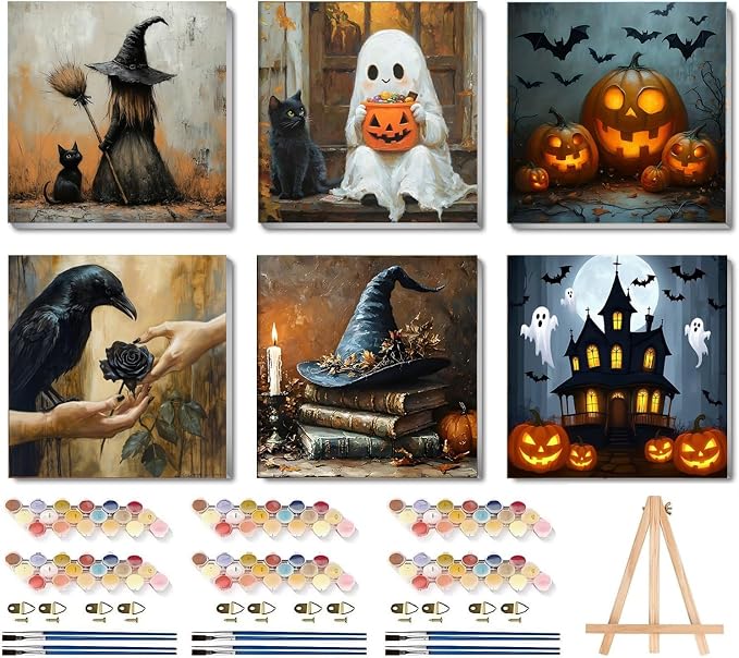 LWZAYS 6 Pack Halloween Paint by Numbers Kit for Adults with Frame, Easy Horror Paint by Number for Adults Beginner with Wooden Easel, DIY Painting by Numbers Canvas Framed for Home Decor 8 x 8 Inch - skull painting