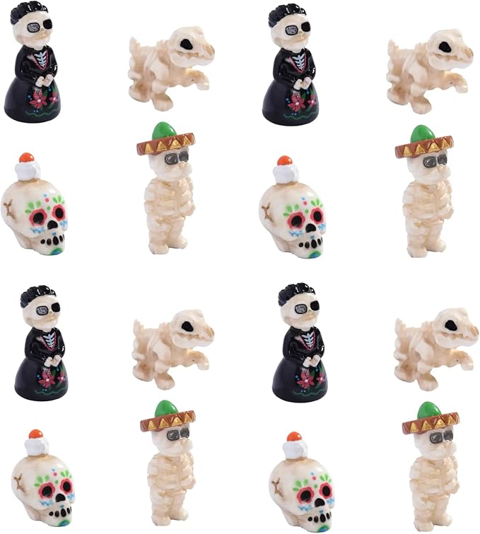 16pcs Mini Resin Day of the Dead Skeleton Figurines Mini Resin Figures Mexican Dia de Los Muertos Tabletop Ornaments Skull Decorations - skull figurine