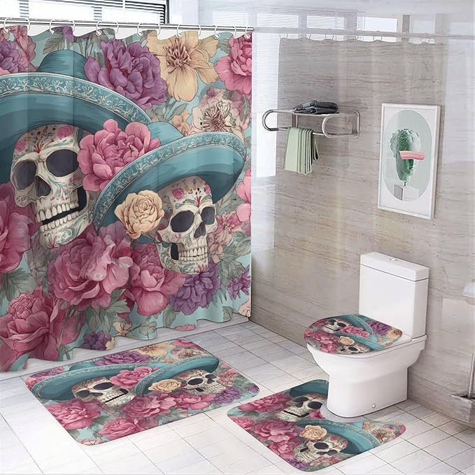 4-Piece Gothic Sugar Skull Peony Bathroom Shower Curtain 72 X 72 Inch, Sombrero Flower Leaf Resistant Water Home Decor Include Bath Mat Toilet Lid Cover Non-Slip Rug with 12 Hook