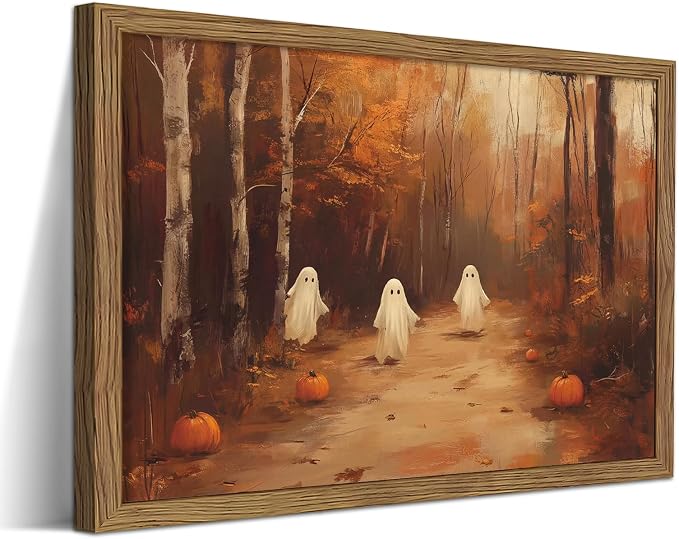 Vintage Halloween Wall Art, Cute Gothic Ghost Pumpkin Canvas Wall Decor Paintings, Spooky Fall Forest Landscape Aesthetics Posters Print Pictures for Living Room Bathroom 16x24 Inch Framed - skull wall art