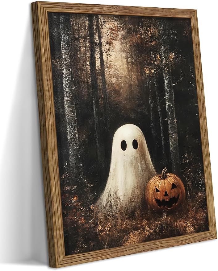 Framed Halloween Ghost Wall Art, Vintage Cute Ghost Pumpkin Canvas Wall Decor, Dark Academia Aesthetic Paintings, Gothic Spooky Fall Forest Posters Prints Pictures for Living Room Bedroom 8x10 Inch - skull painting