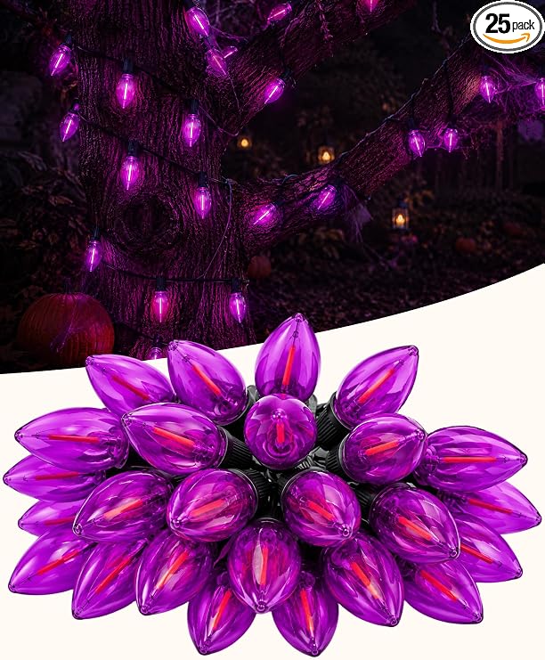 50FT C9 Purple Outdoor String Lights,Black Wire Halloween Lights Plug-In - string light