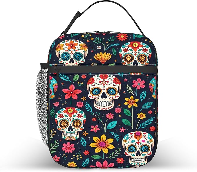 Boho Floral Skull Lunch Box Bag, Mexico Skull Lunchbag Portable Lunch Bag,Reusable Insulated Freezer Lunch Bag for Men Women Kids Picnic Camping and Work - skull suitcase