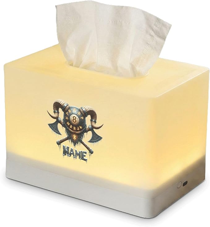 Personalized Viking Ram Skull Tissue Box Cover with LED Night Light Custom Name Rechargeable Lamp for Bedroom Decor