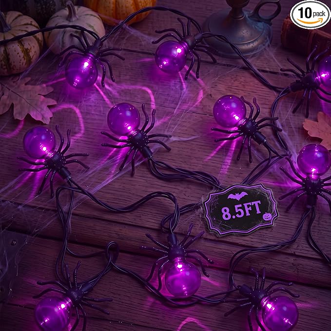 Purple Spider String Lights Plug In 8.5 FT 10 LED Halloween Porch Decor - string light