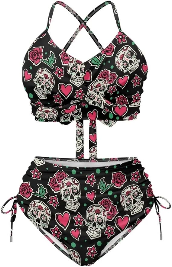 Cute 2 Piece Swimsuit for Women XS - 3XL Bikini Sets Tummy Control High Waisted Bikini Tops and Bottom - skull swimsuit